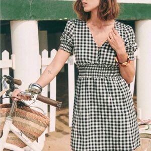 Sezane Sixtine Gingham Black White Checkered Ruffle Puff Sleeve Mini Dress Sz 36